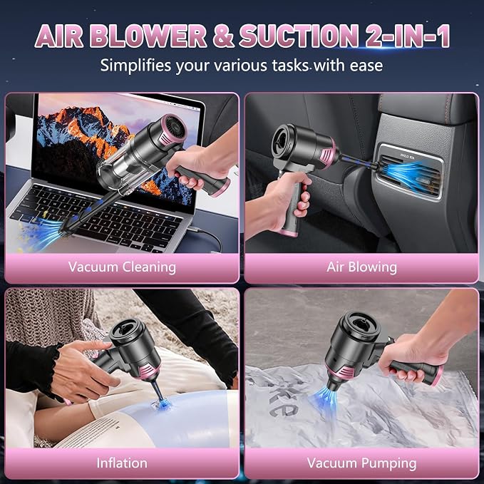 Handheld Car Vacuum Cleaner, 16000PA Air Duster & Vacuum Cleaner, 120W High Power Hand Held Vacuum Cordless, Portable Vacuum Rechargeable with Multi-Nozzles & LED Light for Car, Home, Pet, Office