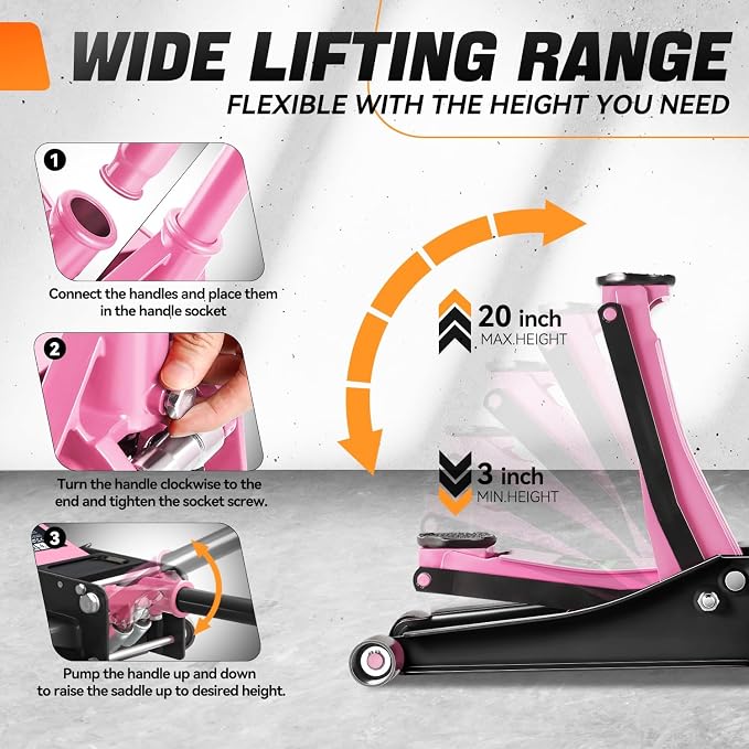 3 Ton Low Profile Floor Jack, Heavy Duty Steel Hydraulic Car Jack with Dual Pistons Quick Lift Pump, Hydraulic Racing Floor Jack, Lifting Range 3" to 20", Pink