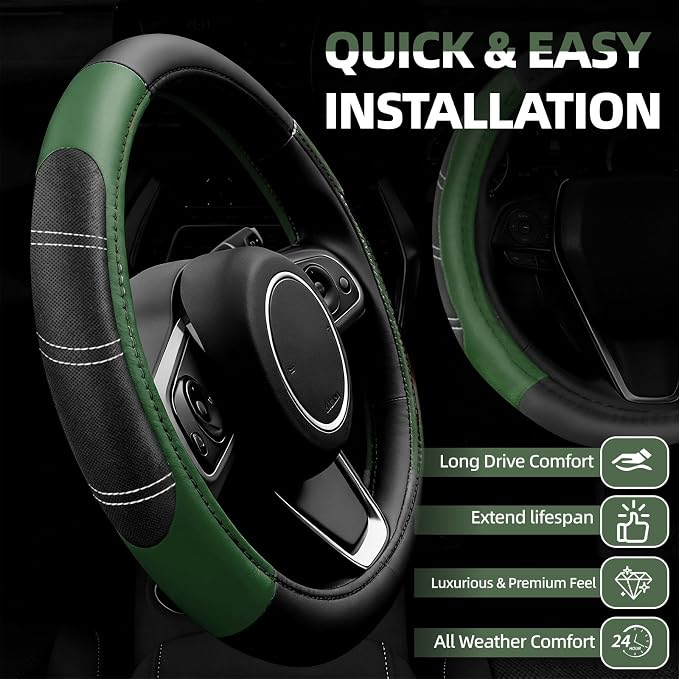 6 Pcs Green Car Accessories Set, Sport Leather Steering Wheel Cover 14.5-15inch Universal, Microfiber Leather Car Center Console Cover, Seat Belt Cushion, Cup Holder Coaster (Black-Green)