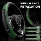 6 Pcs Green Car Accessories Set, Sport Leather Steering Wheel Cover 14.5-15inch Universal, Microfiber Leather Car Center Console Cover, Seat Belt Cushion, Cup Holder Coaster (Black-Green)