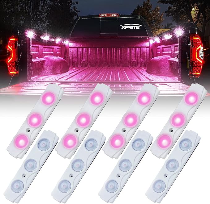 Pink LED Truck Bed Light Kits with On/Off Switch, for Pickup Exterior Interior Rock Neon Lights, Footwells, Running Boards, Cargo, Underglow, Tonneau Cover, Rail Lighting - 8 PCs