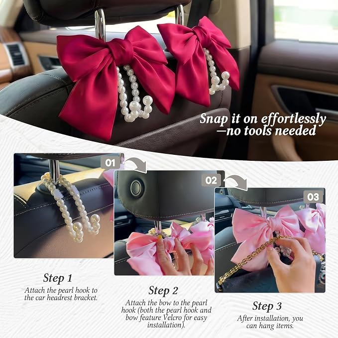 2PCS Satin Bow Pearl Car Seat Headrest Hooks – Car Bag Holder & Vehicle Hanger for Purses – Cute Coquette Aesthetic Interior Decoration – Cute Auto Organizer Accessories Universal (Berry Fuchsia)