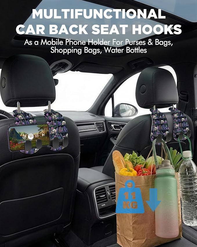 Purse Holder for Car, 2 Pack Heavy Duty Purse Hanger for Car, PU Leather Car Seat Hooks for Purses and Bags, Cute Purple Skeleton Headrest Organizer for Handbags & Backpacks