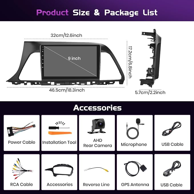 4+64GB Android 15 Car Stereo for Hyundai Sonata 2015-2017 Wireless Carplay Android Auto 9" Touch Screen Car Radio Dash Kit with GPS WiFi Bluetooth SWC DSP EQ Mirror Link Backup Camera