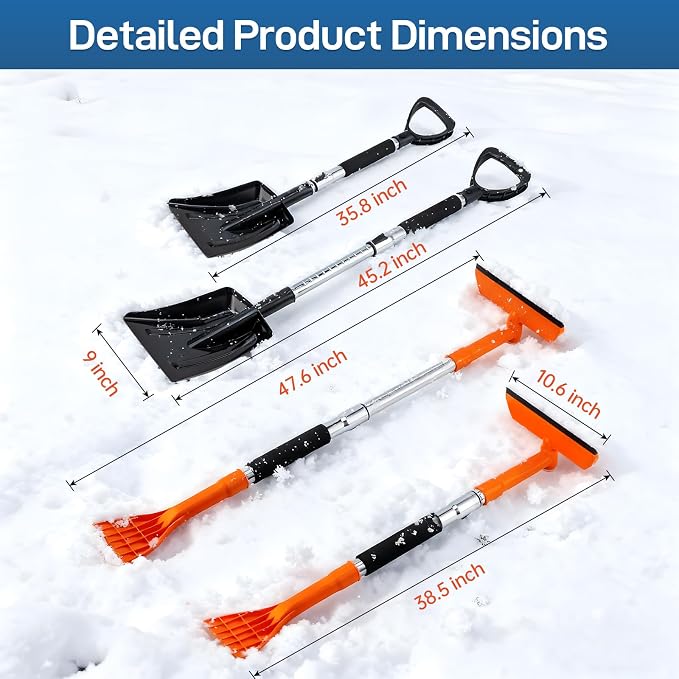 49.2" Car Snow Brush and Ice Scraper for Car Windshield, 3-in-1 Extendable Snow Shovel with Wide Head,180° Pivoting Snow Brush Head and Fpam Grip, Durable Snow Remover for Car Auto Truck SUV