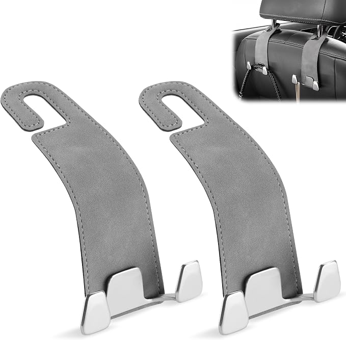 Car Seat Headrest Hook, Premium Suede Double Hook 2 Pack, Universal Hanging Accessories for Purse, Bag, Groceries - Car Interior Accessories (Gary)