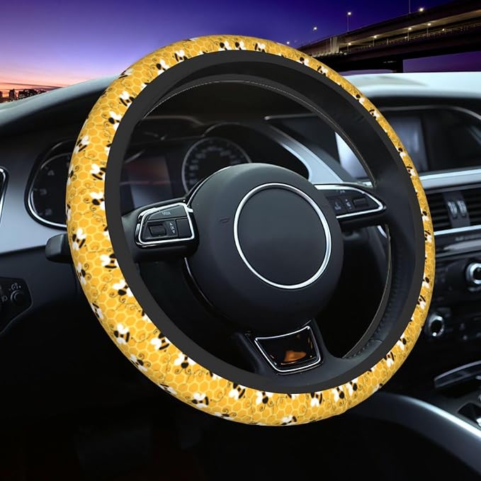 Yellow Cute Bee Insects Cartoon Steering Wheel Cover Car Accessories Cute for Women Girls Girly Universal 15 Inch Neoprene Auto Interior Decor Anti Slip Car Truck Protector