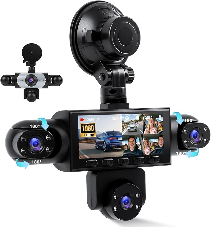5 Channel Dash Cam 360° View, 1080P Front and Rear Left Right Inside 3.16 Inch Dash Camera for Cars, 12 Lights Night Vision, Motion Detection Camera for Cars