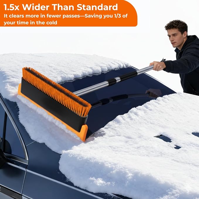 16" Large Snow Brush for Car Windshield,Non-Scratch Snow Scraper,55" Extendable Snow Broom with Foam Grip,Snow Remover for Cars, Truck, SUV (Orange, 16 inch)