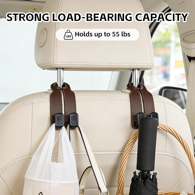 Car Seat Headrest Hooks for Purses and Bags, 4-Pack Heavy Duty Car Seat Hooks with Anti-Slip Pad, Universal Car Backseat Organizer Hanger Accessories for Grocery Bags (Brown)