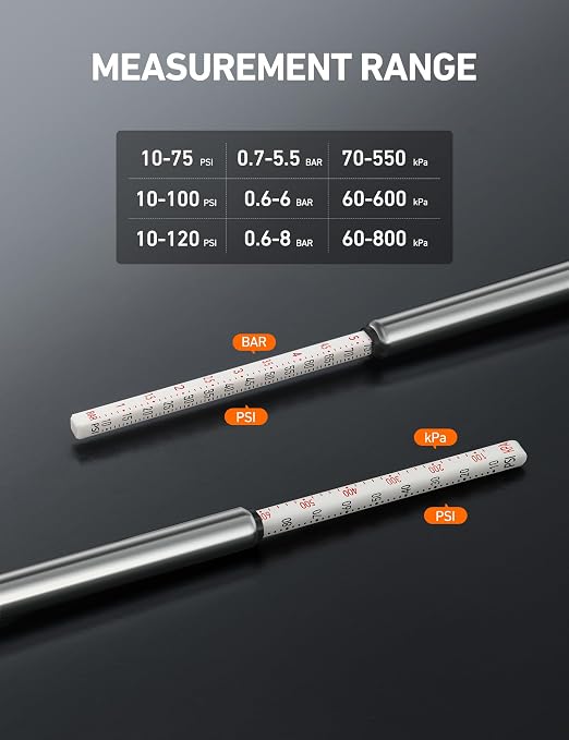 Pencil Tire Pressure Gauge (10-75PSI,100PSI,120PSI), Valve Caps with Case, Stainless Steel Body, and Metal Made Nozzle 3 Measurements for Cars, Bikes, Vehicles