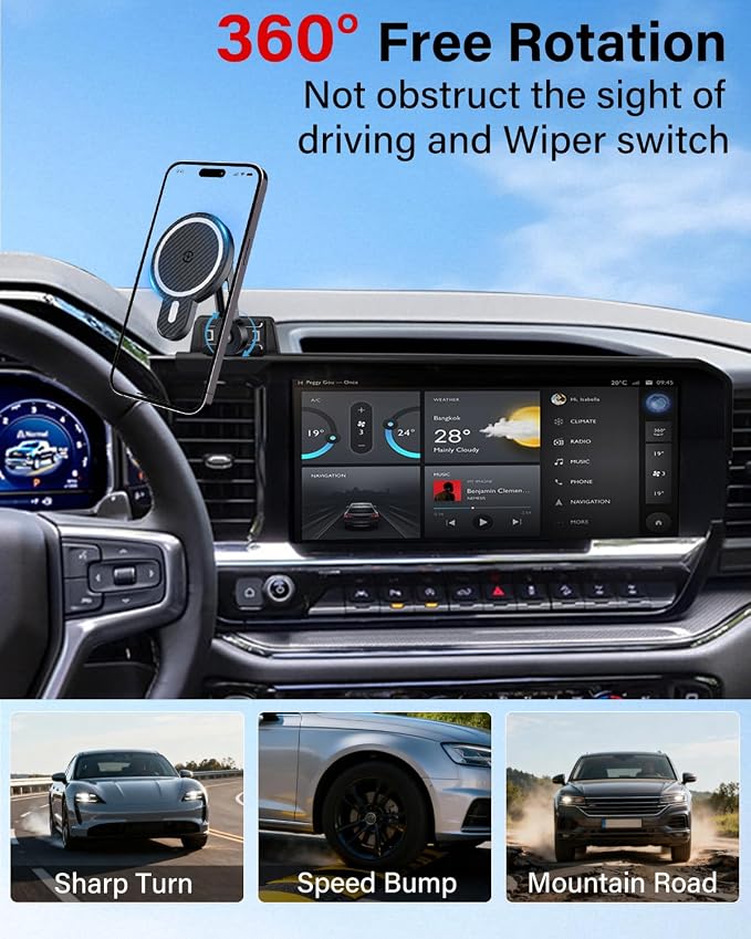 PZK Car Phone Holder for 2022-2026 Chevy Silverado/GMC Sierra 13.4'' Screen | Magnetic 15W Fast Wireless Charger Car Phone Mount Magsafe With 360° Rotating Extension Rod Hands-Free Phone Cradles