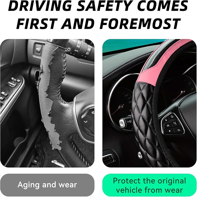 Car Steering Wheel Cover, 14.5-15inch Leather Anti-Slip Car Wheel Cover Protector, Safety Comfortable Desgin, Universal Auto Steering Wheels Accessories for Cars Truck SUV (Pink)