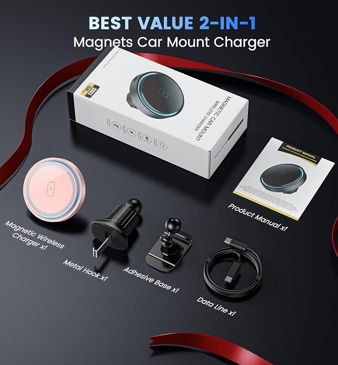 Magnetic Car Charger Mount 15W for iPhone 17-12 Pro Max | N52 Strong Magnets, 360° Rotation, Dashboard & Vent Mount, Compatible with Magnetic Cases, Gift for Women, Pink/Black