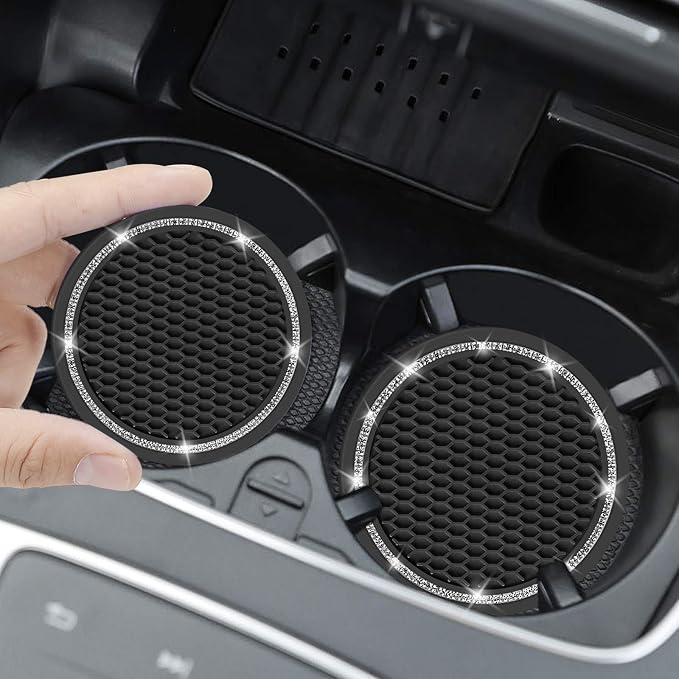 Car Coasters, 4 Pack Universal Vehicle Bling Car Coaster, Crystal Rhinestone Coaster for Cup Holders, Car Interior Accessories 2.75'' Silicone Anti Slip Car Coasters for Women (Black)