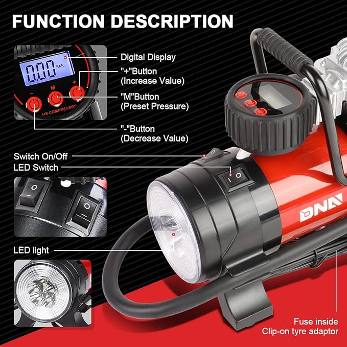 DNA Motoring 12 V 125 PSI LED Flash Light Air Pump Portable Air Compressor Inflator for Cars, Bikes and Balls (TOOLS-00083)