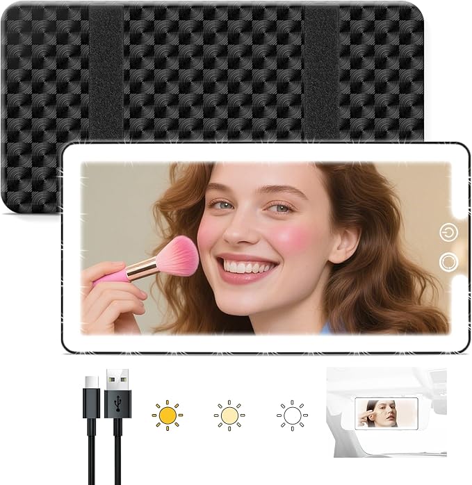 Car Sun Visor Vanity Mirror with Lights, Rechargeable LED Car Visor Makeup Mirror with 3 Color Dimmable Lights - Universal Accessories for Cars, SUVs, Trucks (Black)