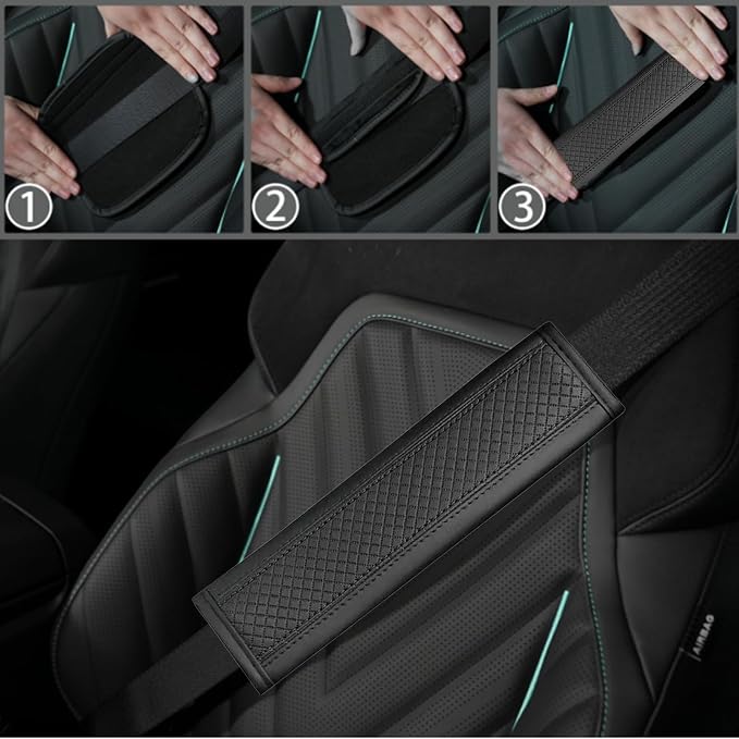 6 PCS Car Steering Wheel Cover Set, Microfiber Leather Steering Wheel Covers Universal 14.5-15 inch, Center Console Cover, Seat Belt Cushion, Cup Holder Coaster, Car Accessories Set Black
