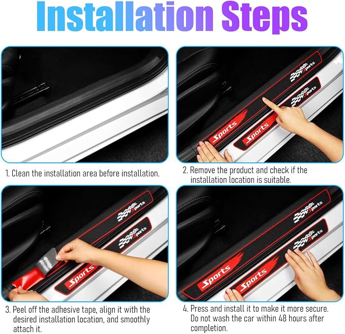 4PCS Car Door Sill Protectors, Sporty Style Anti-Scratch Self Adhesive Vehicle Door Sill Guard, Automotive Entry Edge Step Threshold Protection, Universal for SUV Motorhome Truck