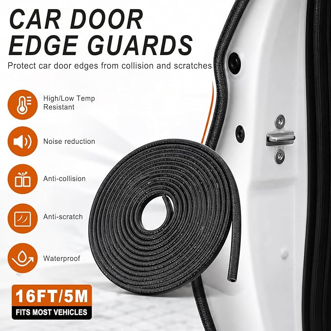 Car Door Edge Guards 5M(16.4Ft), U Shape Rubber Door Edge Protector Trim with Built-in Metal Clips, No Adhesive Needed, Easy to Cut, Universal Fit for Most Cars Trucks SUVs (Black)
