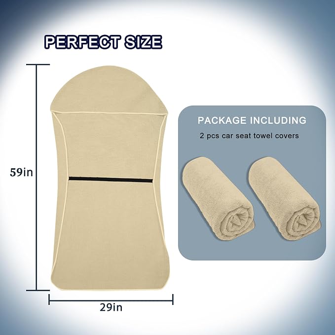 Car Seat Towel Cover, 2 Pack Universal Front Seat Protector for Cars, SUVs and Trucks, Sweat Towel Car Seat Cover for Gym, Yoga, Swimming, Pets and Family Travel, Beige