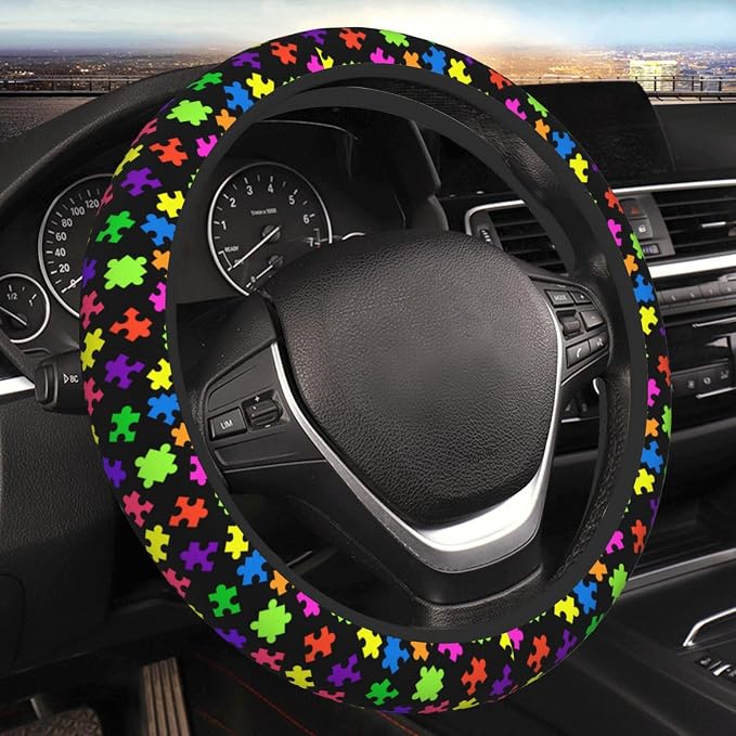 Elastic Puzzle Pieces Neoprene Car Steering Wheel Cover Protector Upgrade Thicken,Autism Awareness Colorful,Anti Slip Soft Car Accessories for Diverse Cars Truck SUV for Men Women Universal 15 Inch