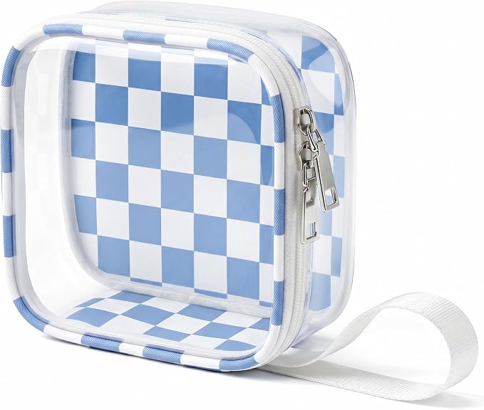 Preppy Clear Makeup Bag Travel Cosmetic Case Transparent Blue and Beige Checkered Mini Toiletry Bag,Portable Make Up Organizer Traveling Compact Car Accessories And Organization