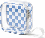 Preppy Clear Makeup Bag Travel Cosmetic Case Transparent Blue and Beige Checkered Mini Toiletry Bag,Portable Make Up Organizer Traveling Compact Car Accessories And Organization