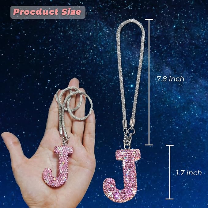 Bling Pink Car Accessories for Women Letter Charm, Rainbow Color Rear View Mirror Cute Crystal Pendant Car Decorations, Lucky Gifts Girly Diamond Rhinestone Charm Interior J