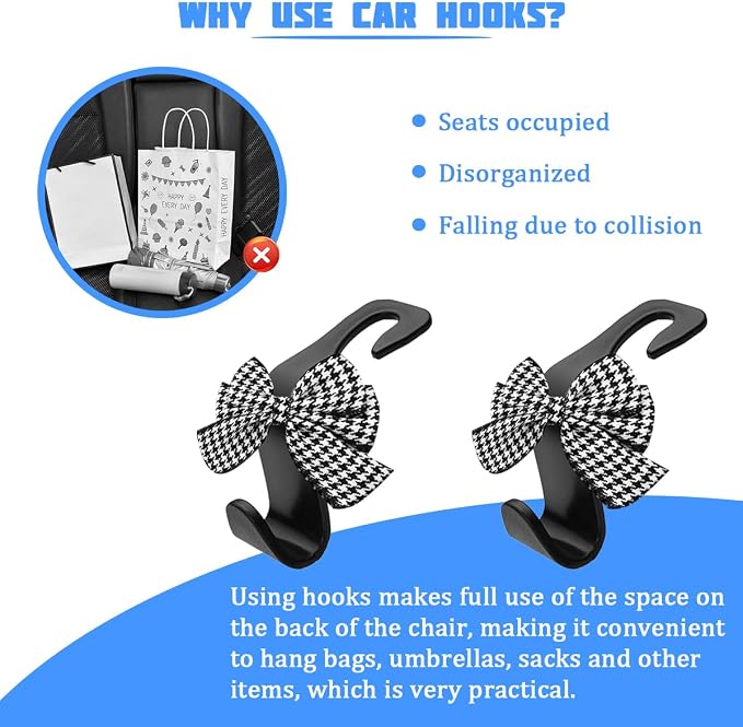 2PCS Car Seat Headrest Hooks, Cute Bow Vehicle Backseat Storage Hanger for Handbag Umbrella Coat, Automotive Seat Back Hook Holder Organizer Decor, Universal for Vehicles (Houndstooth)