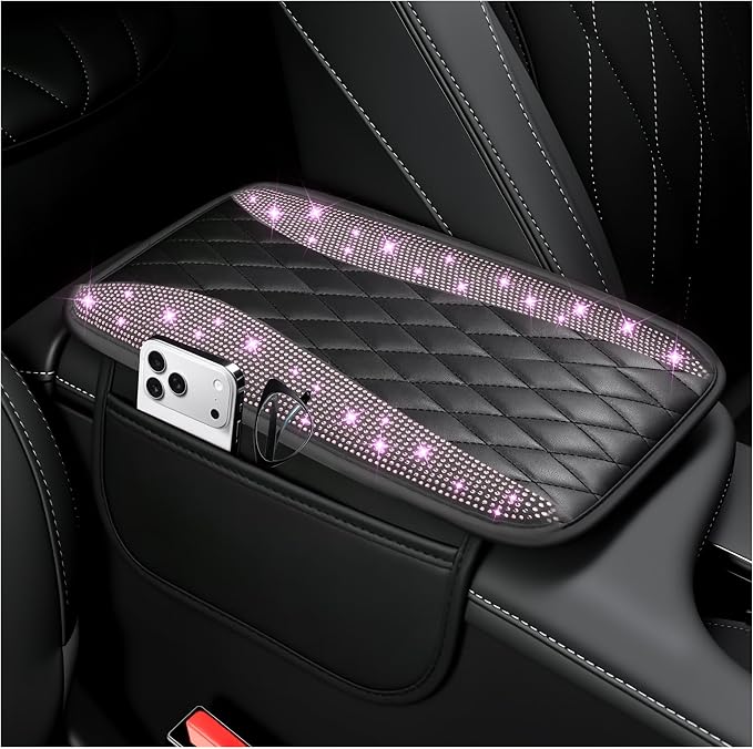 Bling Rhinestones Center Console Covers for Cars,Upgraded Arm Rest Cover for Car with Side Storage Pocket for Car Seat Organizer,Middle Console Cover Stylish Car Decoration (Bling Pink)