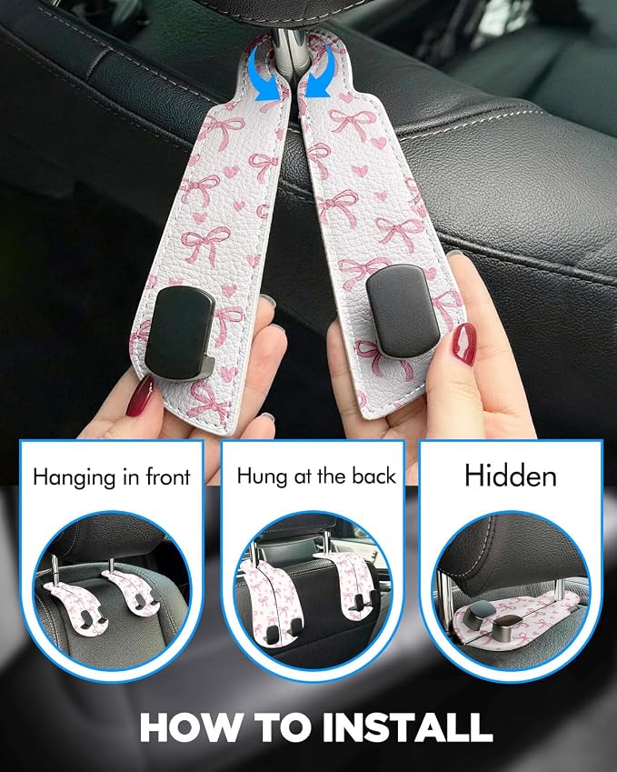 Purse Holder for Car, 2 Pack Heavy Duty Purse Hanger for Car, PU Leather Car Seat Hooks for Purses and Bags, Cute Pink Bow Headrest Organizer for Handbags & Backpacks