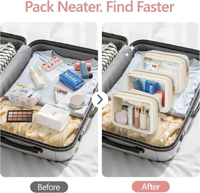 Clear Makeup Bag - TSA Approved Toiletry Bag for Carry-on & Checked Luggage, Water Resistant Car Storage Organizer with Reinforced Seams