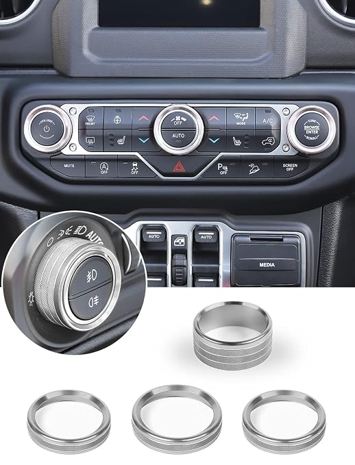Climate Control Panel Knob Trim Kit & Light Control Switch Cover, Air Conditioner Knob Aluminum Alloy Ring for 2018-2024 Jeep Wrangler JL JLU & Gladiator JT, Interior Accessories, Silver