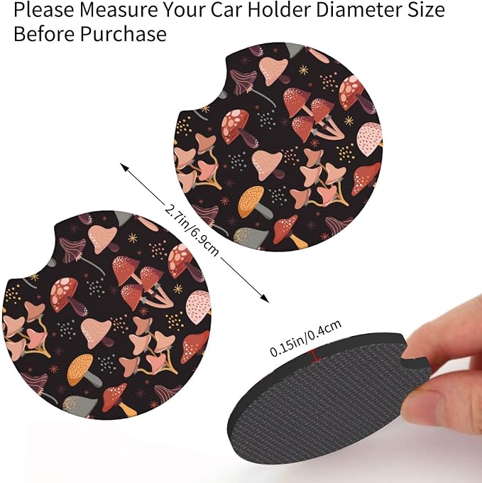 Mushroom Steering Wheel Cover 3Pcs Set Woodland 15" +2 Car Coasters | Anti-Slip Breathable Neoprene, Universal Fit, Fern Pattern, Car Interior Accessories, Cute Nature Gift for Men Women
