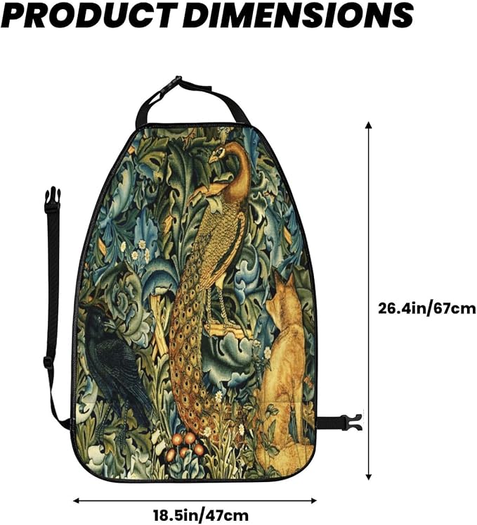 William Morris Forest Animals Raven Fox Peacock Blue Green Floral Car Seat Back Kick Protectors Kick Mats With Storage Pockets For Vehicles To Protect From Dirt Mud Scratches 2 Pack