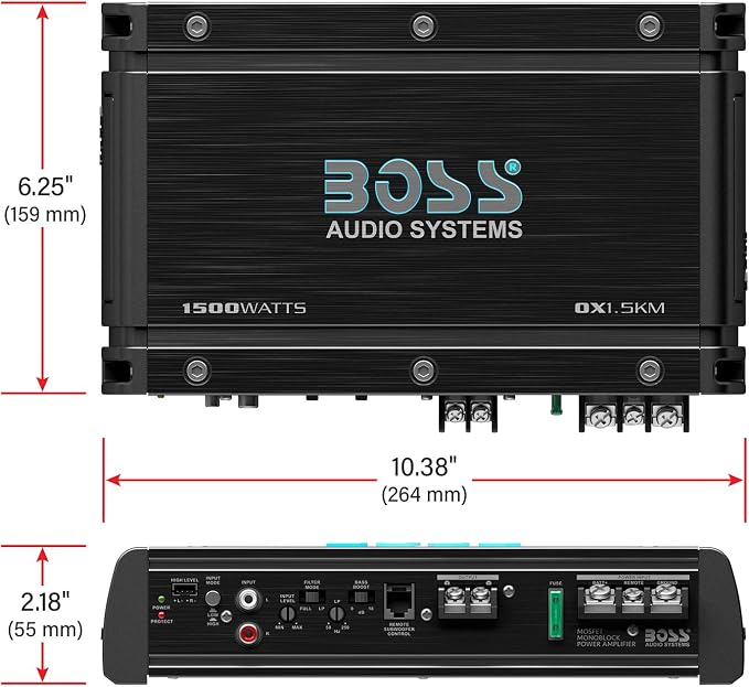 OX1.5KM Monoblock Car Amplifier – 1500 High Output, 2-8 Ohm Stable, Low/High Level Inputs, Low Pass Crossover, Bass for Subwoofer