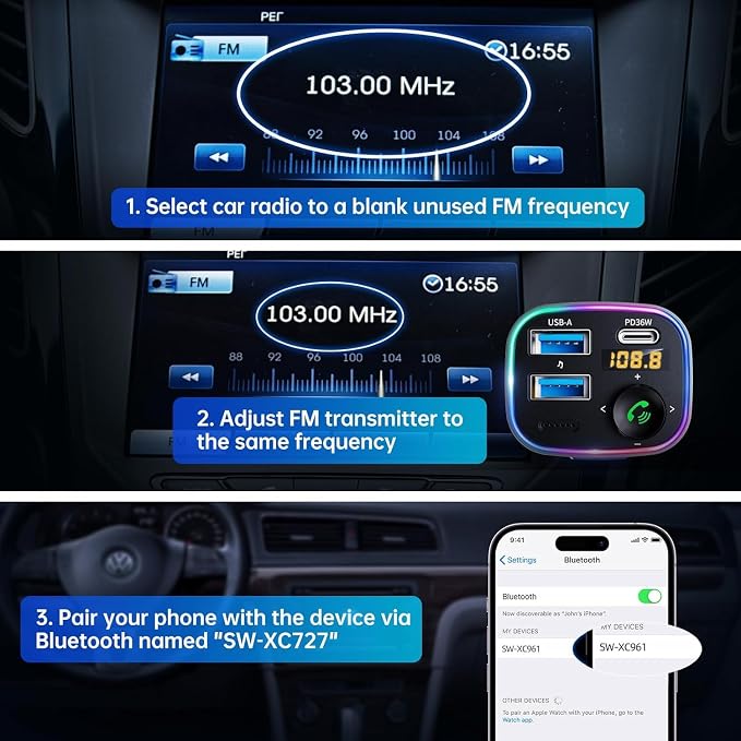 Bluetooth 5.4 FM Transmitter Car Adapter 48W (PD 36W & 12W) [Light Switch] [Hi-Fi Deep Bass] [Fast Charge] Wireless Radio Music Adapter LED Display Hands-Free Calling Support USB Drive