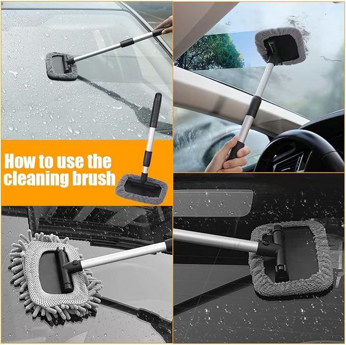 Car Windshield Cleaner Tool, Extendable Handle Rectangular Vehicle Window Cleaner with 3 Washable and Reusable Microfiber Pads, Auto Windscreen Cleaning Tool, Universal Fit