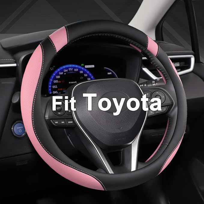 Customized Auto Car Steering Wheel Cover for Toyota Rav4 Corolla Camry Highlander (Black+Pink-Standard Size)