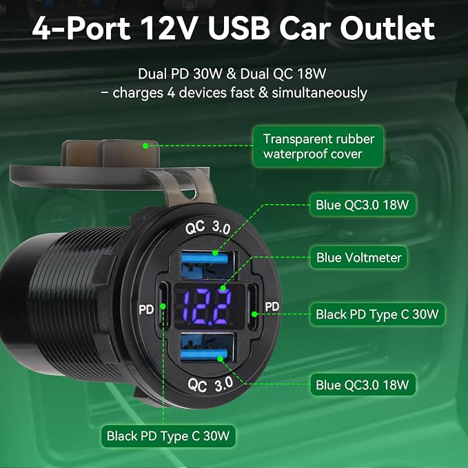 12V USB Outlet 4-Port, 78W Dual PD30W & QC3.0 Fast Charger, Waterproof Aluminum Alloy 12v Power Outlet with Blue Voltmeter for Cars RVs Boats Golf Carts Trucks Motorcycles