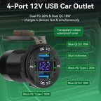 2 Pack 12V USB Outlet 4-Port, 78W Dual PD30W & QC3.0 Fast Charger, Waterproof Aluminum Alloy 12v Power Outlet with Blue Voltmeter for Cars RVs Boats Golf Carts Trucks Motorcycles