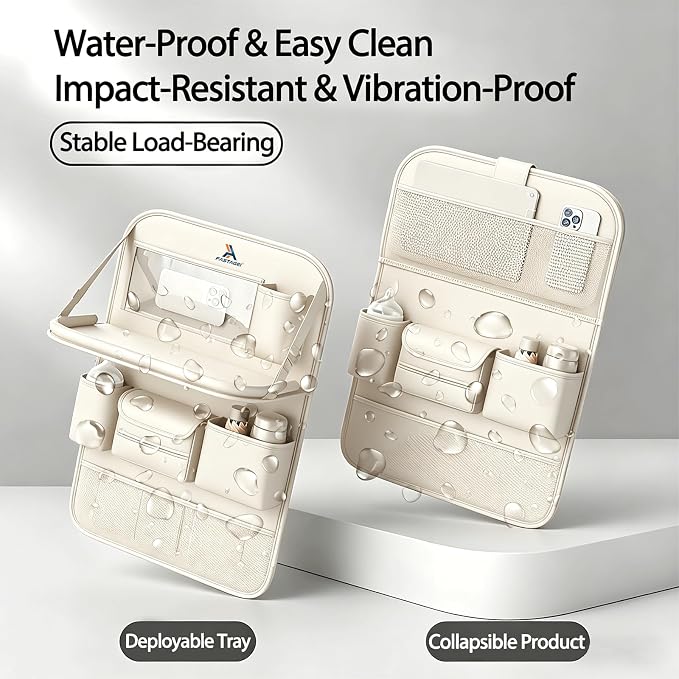 2 Pack Universal Foldable Car Backseat Organizer with Table Tray, Car Seat Back Protector with Touch Screen Phone Holder, Premium Leather Kick Mats with Storage Pockets Tissue Holder (Beige)