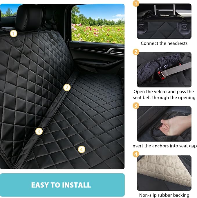 Truck Dog Seat Cover for Pickup Back Seat | Mesh Window & Seat Belt | 100% Waterproof Dog Hammock for Car Safe Travel with Side Door Protectors | Non-Slip, Scratchproof Pet Rear Seat Cover
