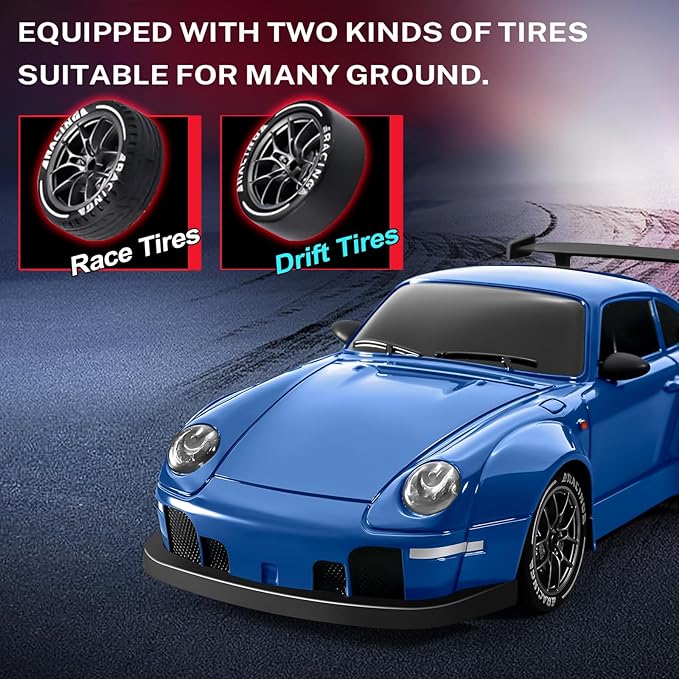 RC Drift Car, 1:24 Remote Control Car for Kids, 20KM/H 4WD High Speed RC Cars with LED Lights, Two Batteries, Extra Drifting Tires, Vehicle for Adults Boys Girls, Blue