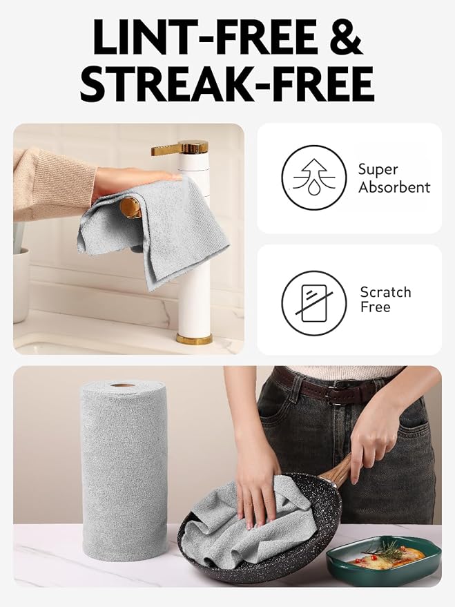 Microfiber Cleaning Cloth Rolls-150 Sheets,12"x12"(Pink,Grey) | Super Absorbent, Lint-free, Tear-away Microfiber Towel Roll, for All-Purpose Cleaning