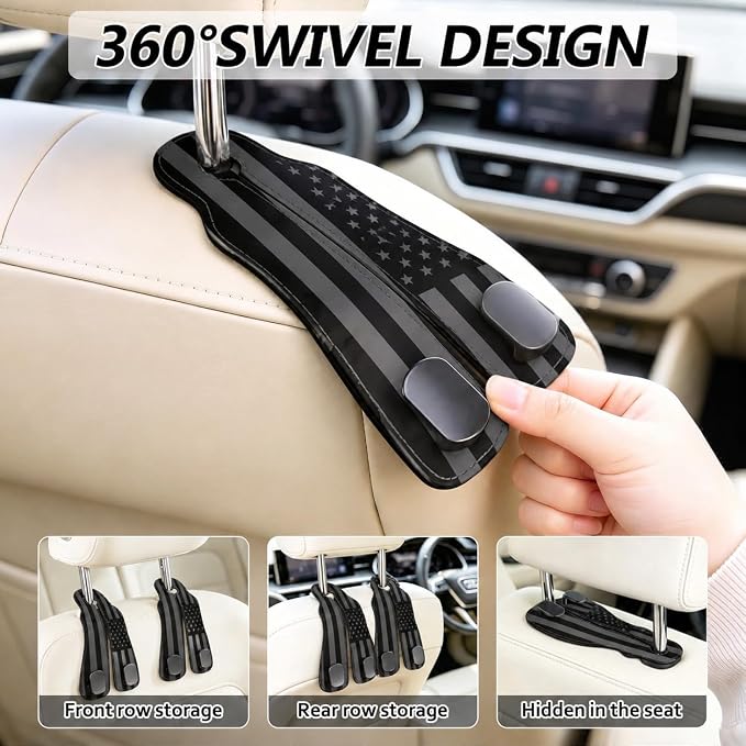 Cute American Flag Car Seat Back Storage Headrest Hooks for Purses & Bags – 2PCS PU Leather Dual Metal Hooks, Backseat Organizer Accessories