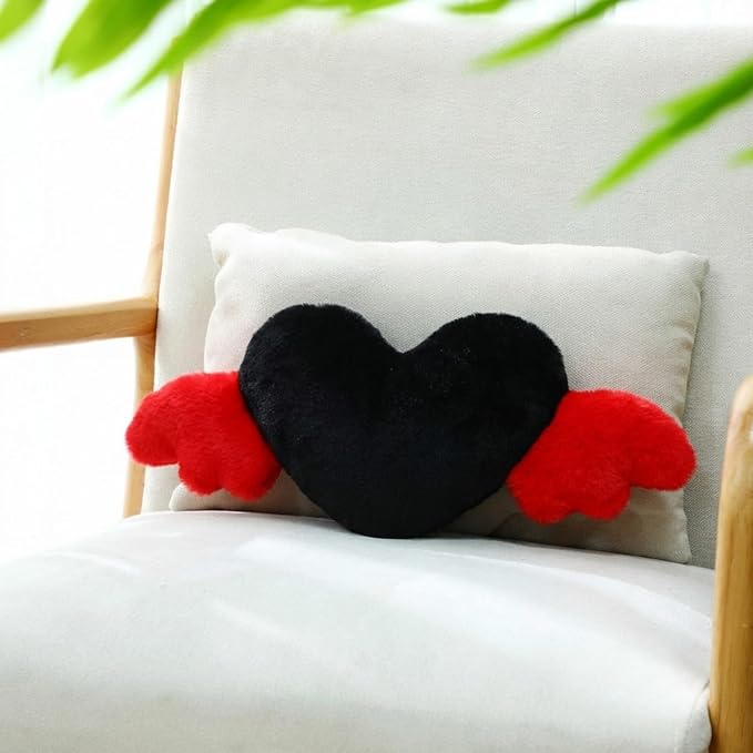 2 Pcs Plush Heart Shaped Pillow with Angel Wings Car Headrest Soft Comfortable Seat Pillow for Driving Travelling Room Office Car Decor, 19.7 x 8.3 Inch(Black, Red)