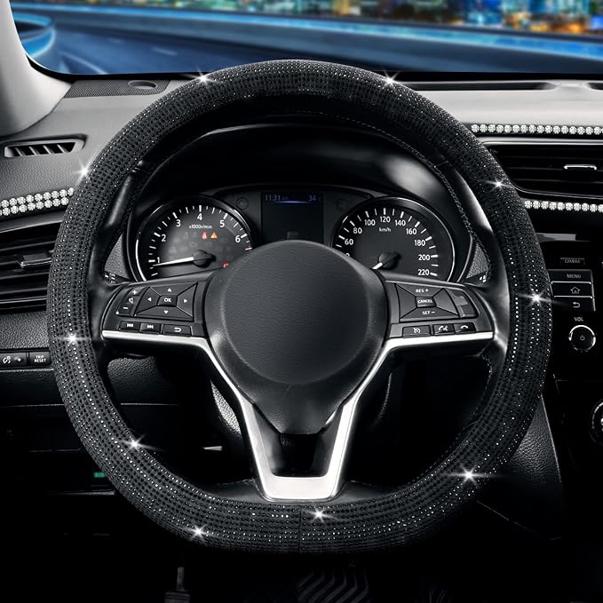 Diamond Flat Bottom Steering Wheel Cover, D Shaped Car Wheel Cover 14 1/2-15 in. (37-39 cm), Bling Sparkly Rhinestones, Black with Black Diamond