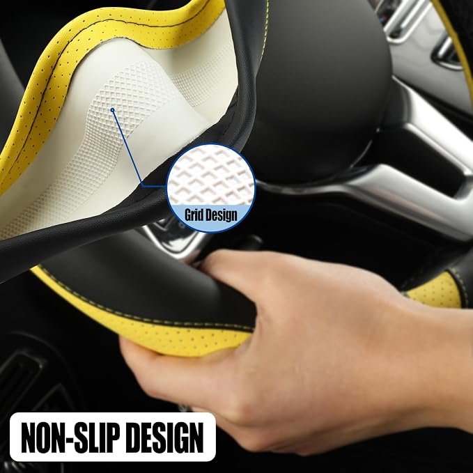 Black Yellow Microfiber Leather D Shaped Steering Wheel Cover | Breathable Anti Slip Grip Cool Sporty Look Glow for Women Men